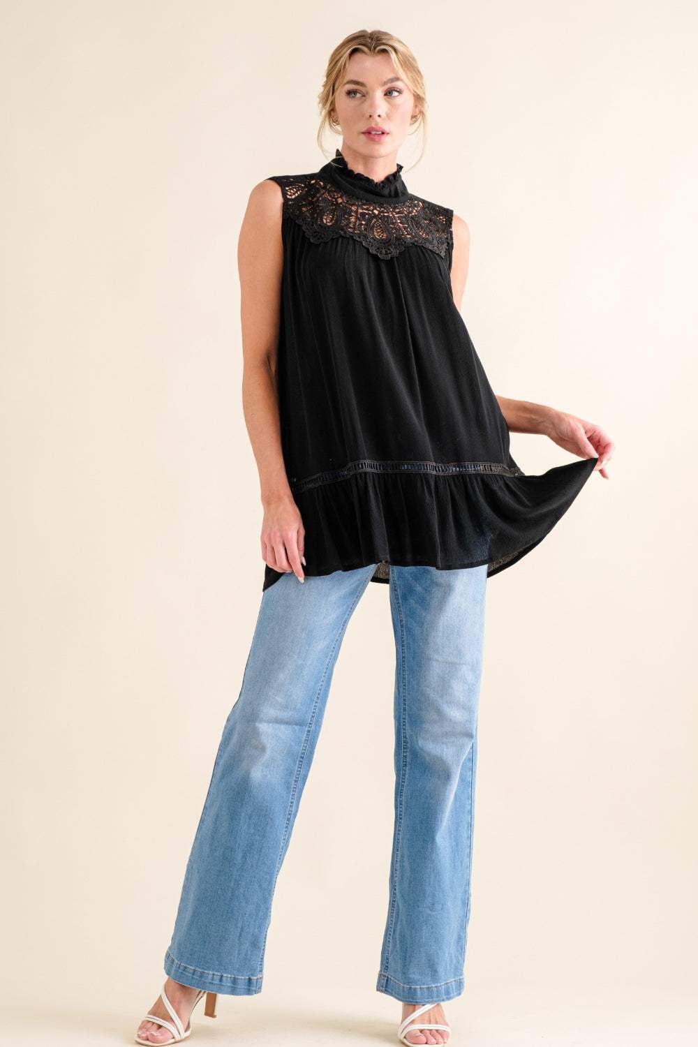 And The Why Lace Detail Sleeveless Ruffled Top - Trendsi - Flyclothing LLC