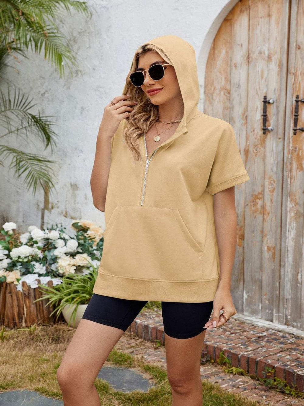 Half Zip Short Sleeve Hooded Top - Trendsi - Flyclothing LLC