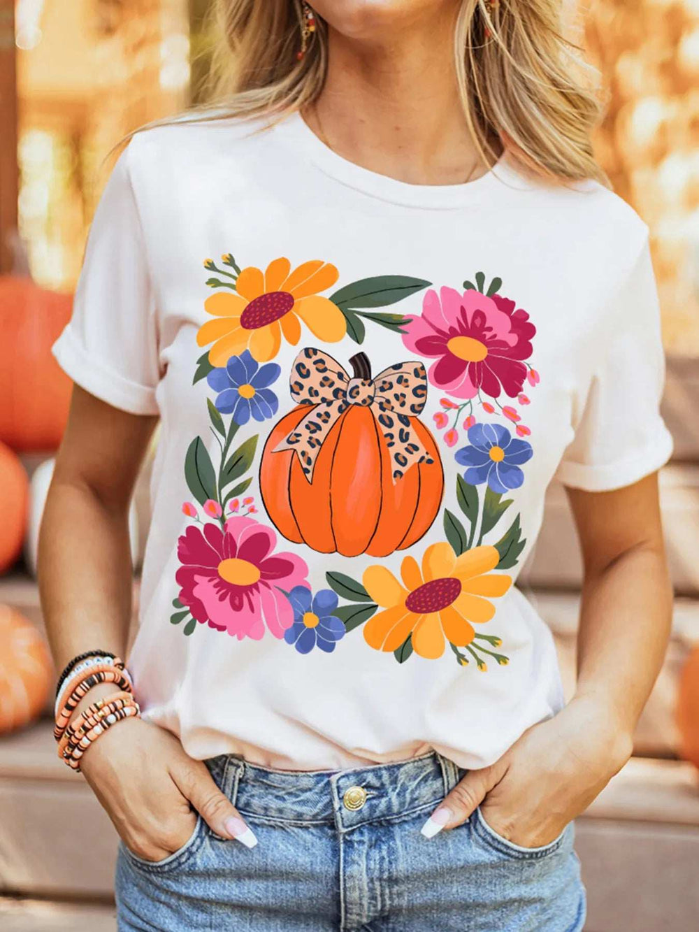 Pumpkin Floral Graphic Round Neck T-Shirt - Trendsi - Flyclothing LLC
