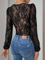 Perfee Tied Lace Long Sleeve Bodysuit - Trendsi - Flyclothing LLC