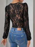 Perfee Tied Lace Long Sleeve Bodysuit - Trendsi