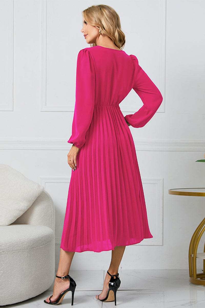 V-Neck Long Sleeve Tie Waist Midi Dress - Trendsi - Flyclothing LLC