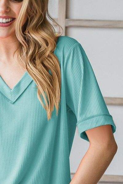 Heimish Full Size V-Neck Half Sleeve T-Shirt Plus Size - Trendsi - Flyclothing LLC