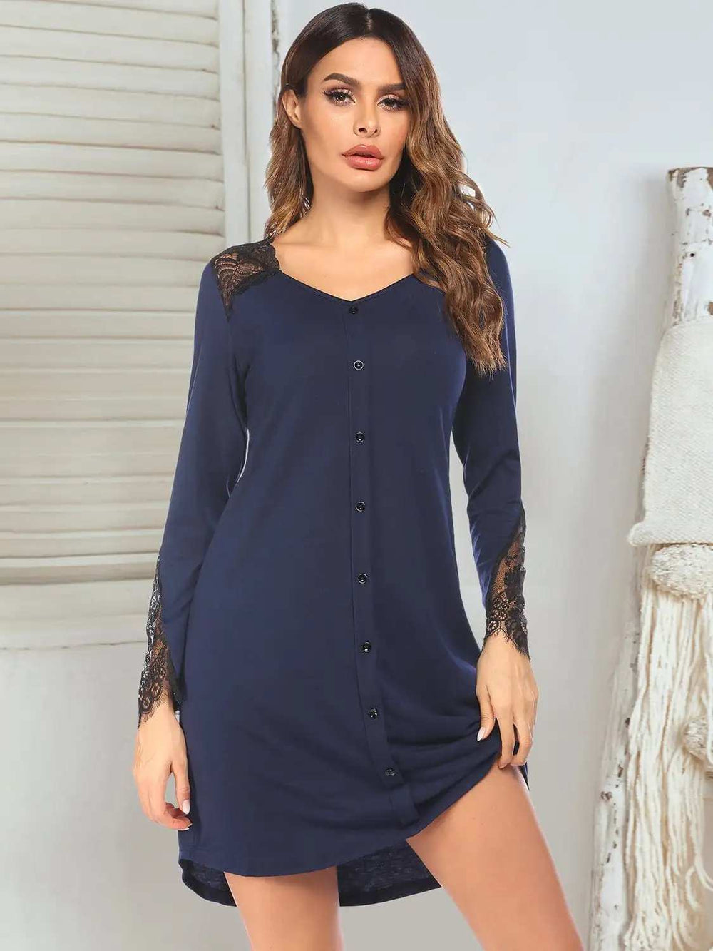 Lace Detail Long Sleeve Mini Lounge Dress - Trendsi - Flyclothing LLC