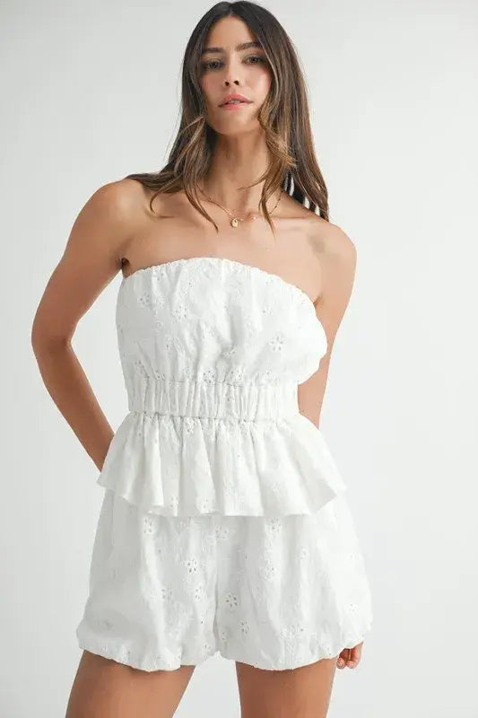 MABLE Floral Eyelet Lace Tube Top and Short Set - Trendsi - Flyclothing LLC