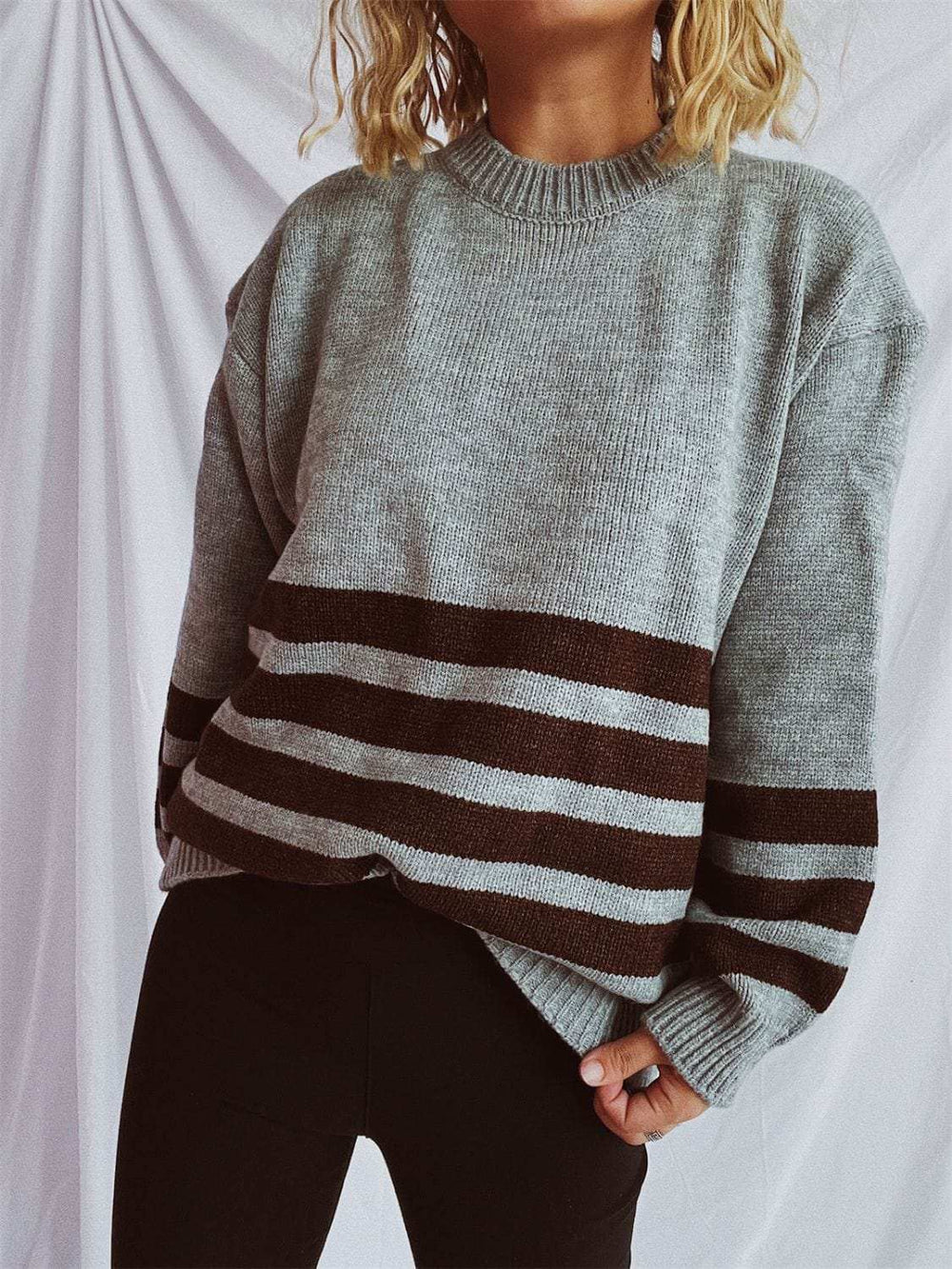Striped Dropped Shoulder Long Sleeve Sweater - Trendsi - Flyclothing LLC