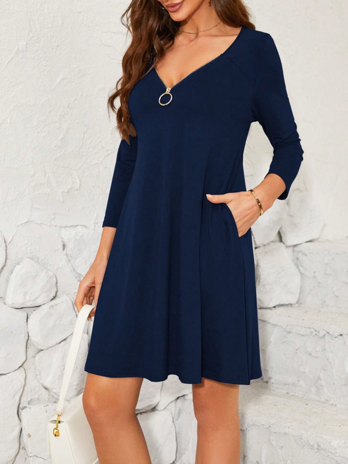 Quarter Zip Long Sleeve Dress - Trendsi