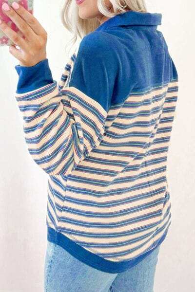 Striped Johnny Collar Long Sleeve Sweatshirt - Trendsi - Flyclothing LLC