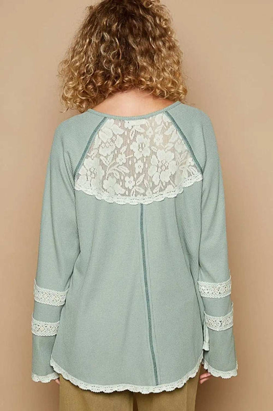 POL Round Neck Long Sleeve Lace Trim Thermal Top - Trendsi - Flyclothing LLC