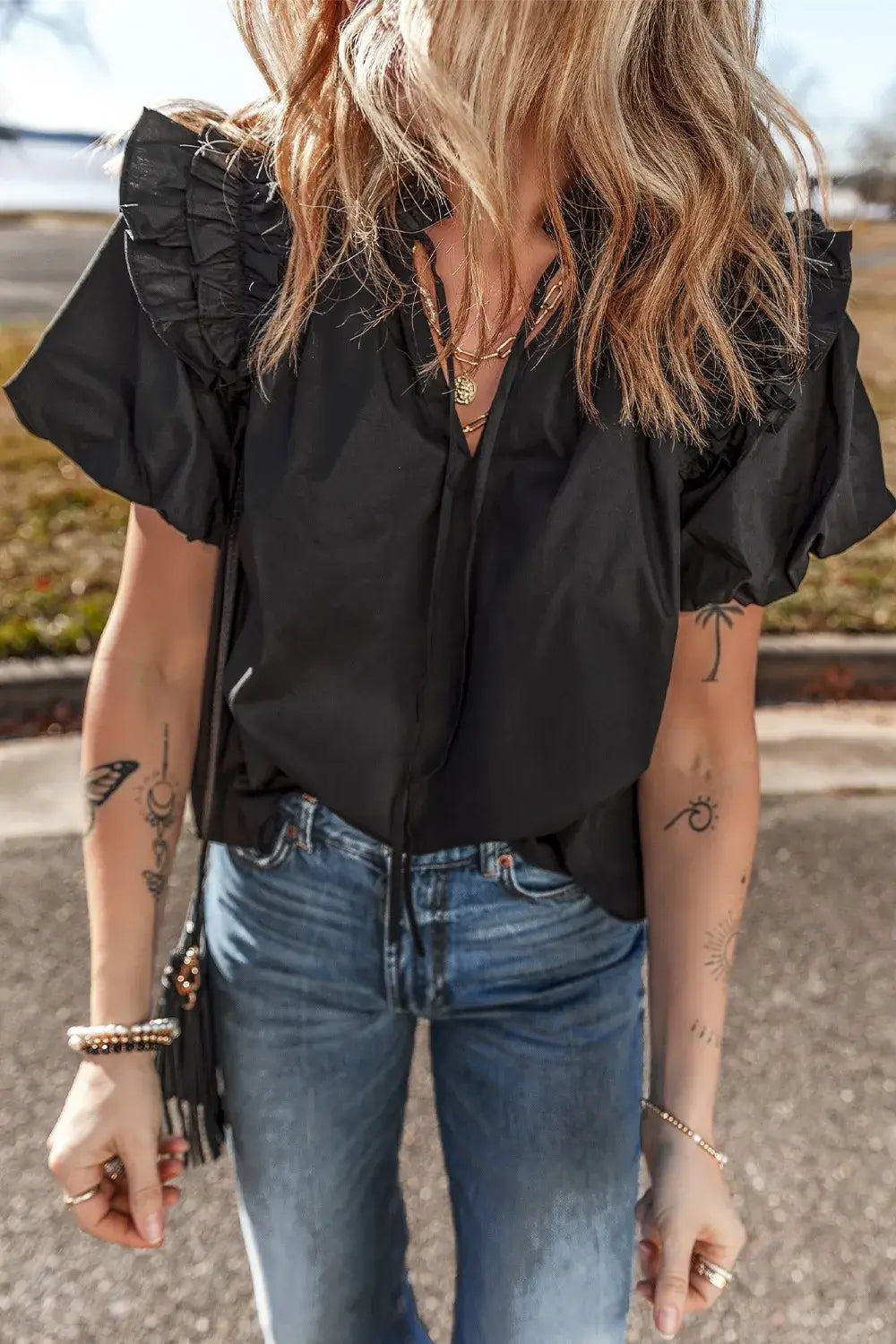Ruffled Puff Short Sleeve Loose Blouse - Trendsi - Flyclothing LLC