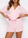 Valentine's Day Printed Collared Neck Short Sleeve Top and Shorts Set - Trendsi