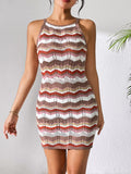 Openwork Striped Spaghetti Strap Knit Dress - Trendsi
