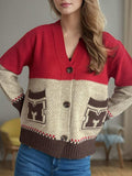 Pocketed Contrast V-Neck Button Up Cardigan - Trendsi - Flyclothing LLC