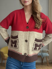 Pocketed Contrast V-Neck Button Up Cardigan - Trendsi