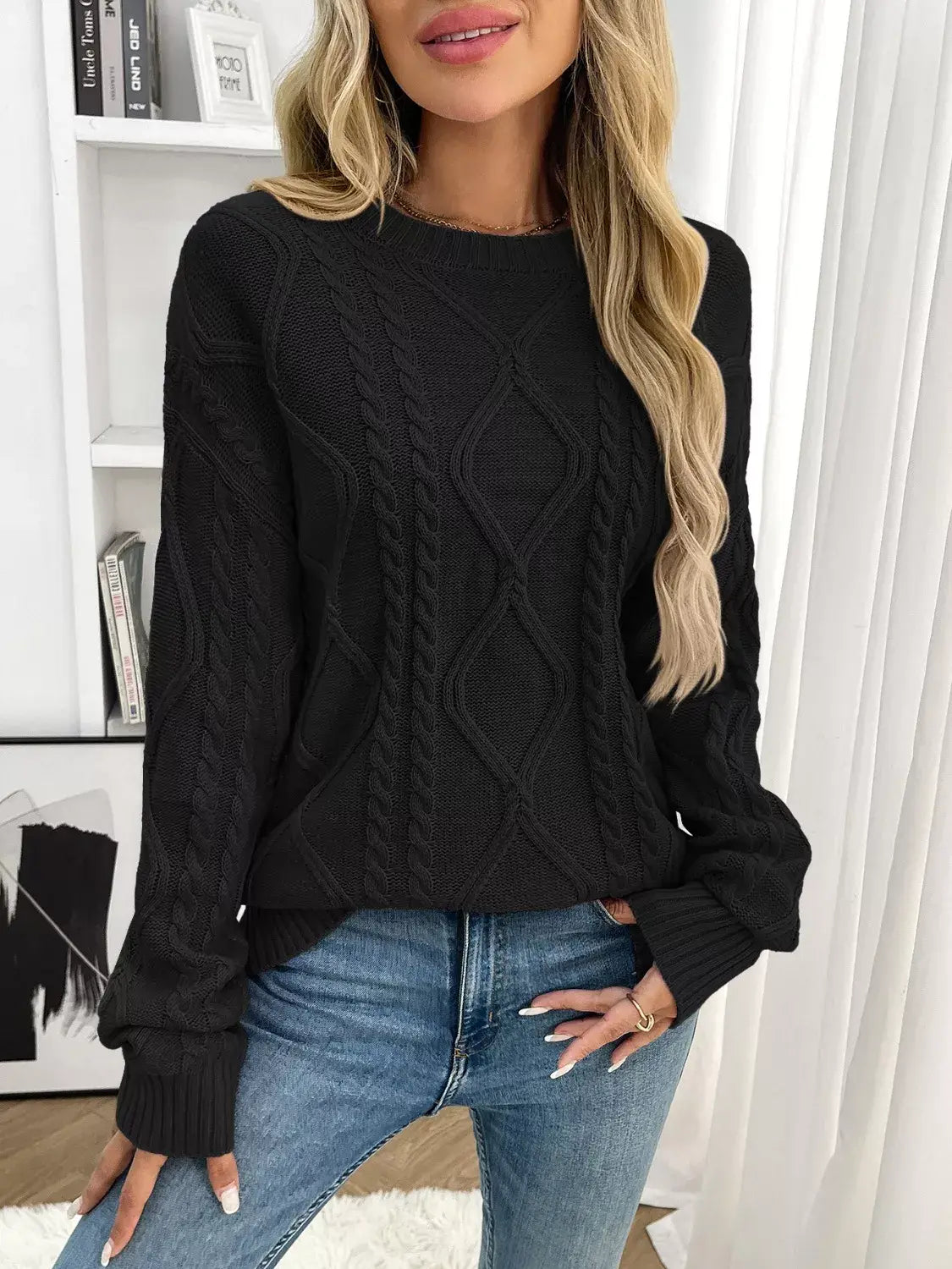 Cable Knit Round Neck Sweater - Trendsi - Flyclothing LLC