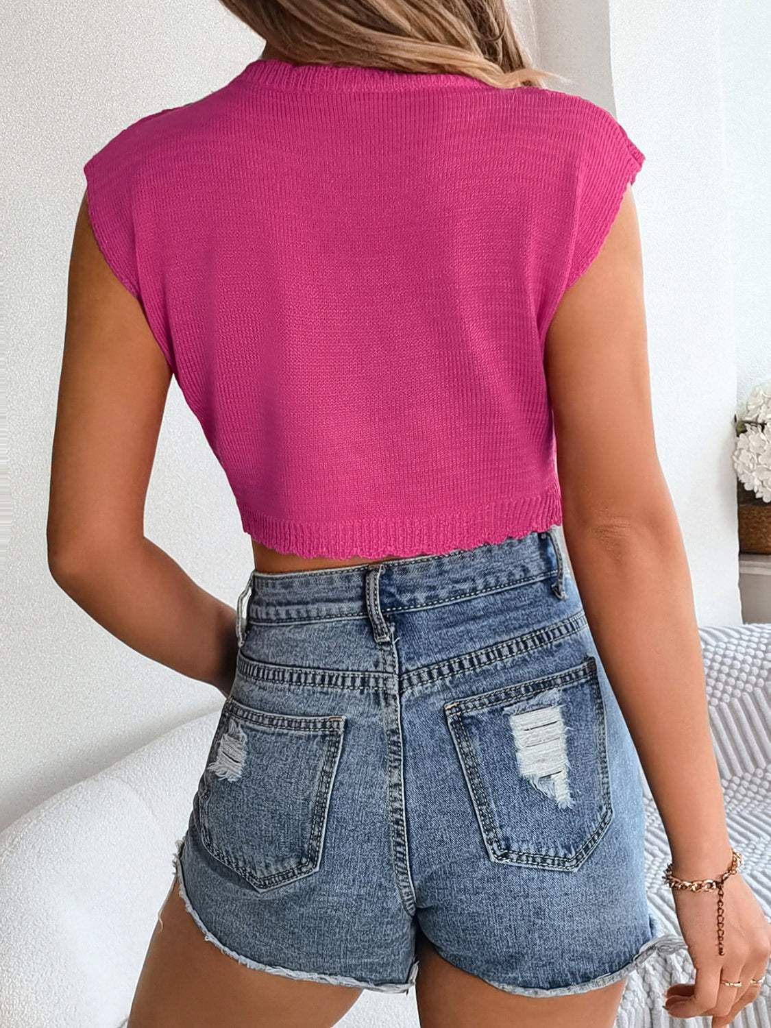 Openwork Round Neck Cap Sleeve Knit Top - Trendsi - Flyclothing LLC