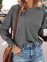 Round Neck Smocked Lantern Sleeve T-Shirt - Trendsi - Flyclothing LLC