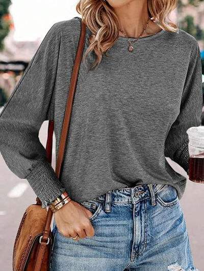 Round Neck Smocked Lantern Sleeve T-Shirt - Trendsi - Flyclothing LLC