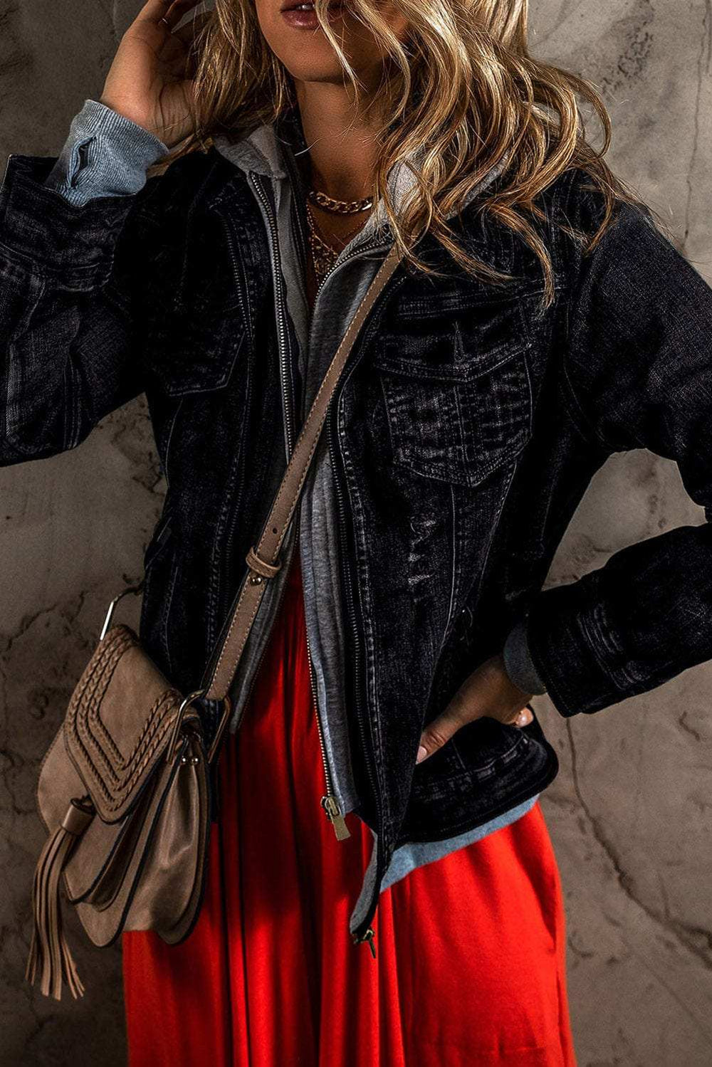 Fake Two-Piece Hooded Zip-Up Denim Jacket - Trendsi - Flyclothing LLC