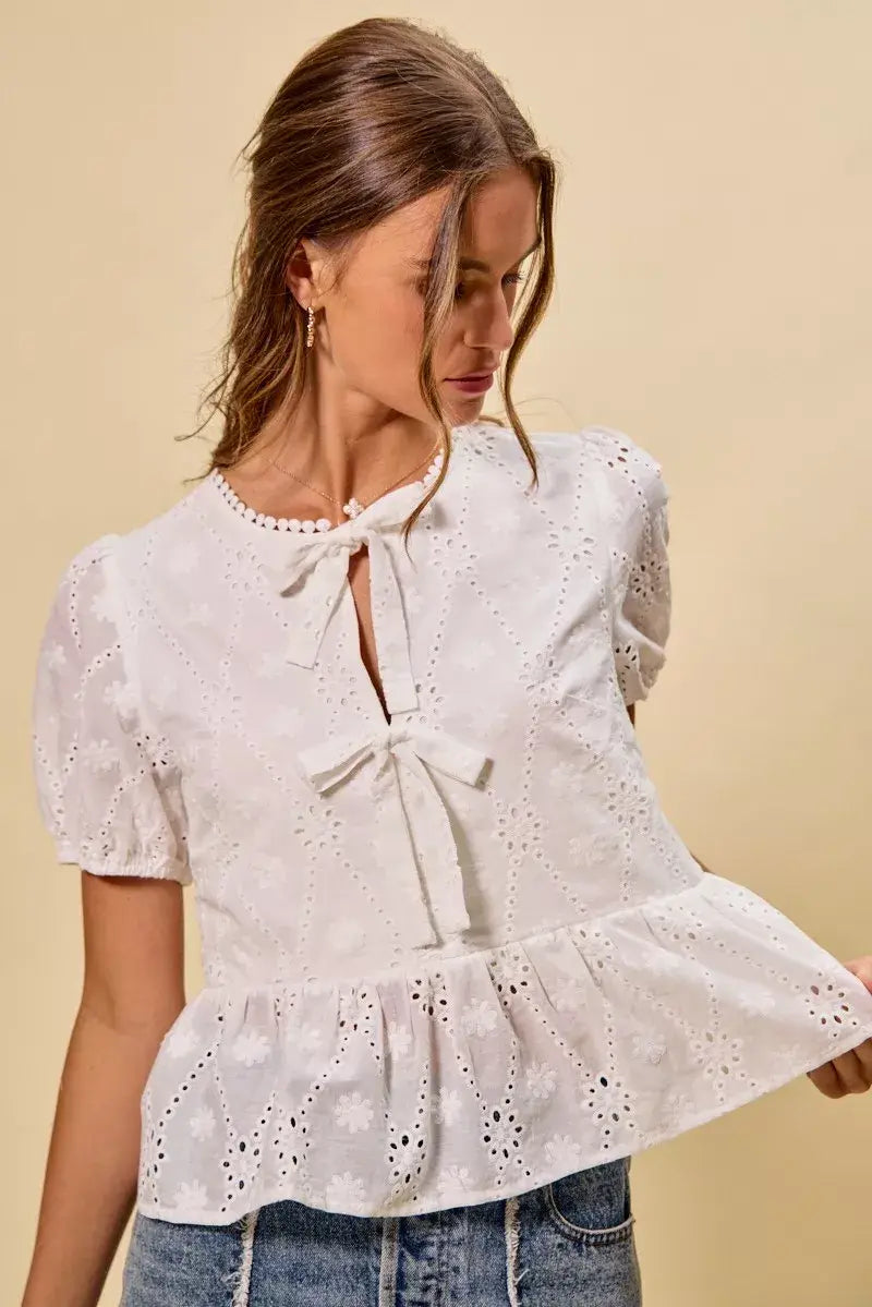 SO ME Cotton Eyelet Front Tie Short Sleeves Blouse - Trendsi - Flyclothing LLC