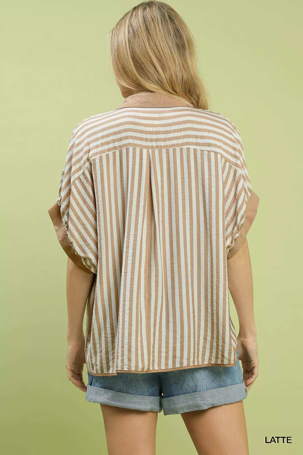 Umgee Stripe Collared Oversized Top - Trendsi - Flyclothing LLC