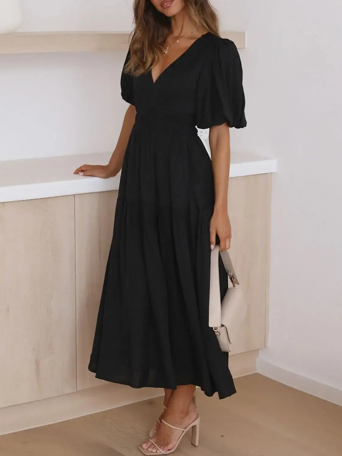 V-Neck Puff Sleeve Midi Dress - Trendsi - Flyclothing LLC