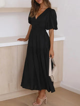 V-Neck Puff Sleeve Midi Dress - Trendsi - Flyclothing LLC