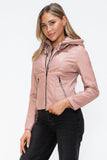 Snobbish Faux Leather Zip Up Drawstring Hooded Jacket - Trendsi