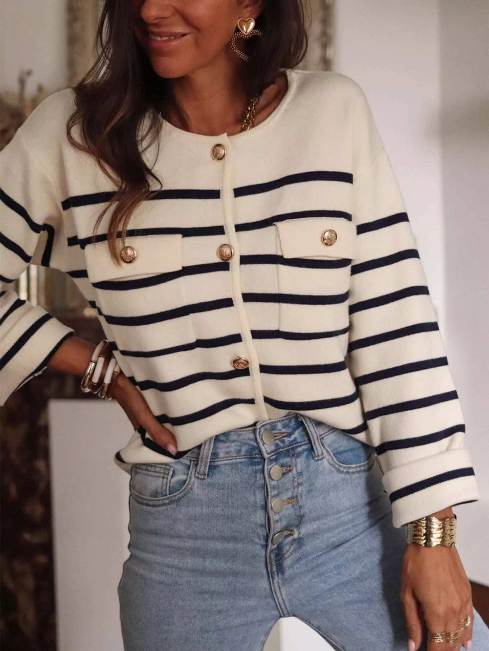 Striped Button-Front Cardigan - Trendsi - Flyclothing LLC