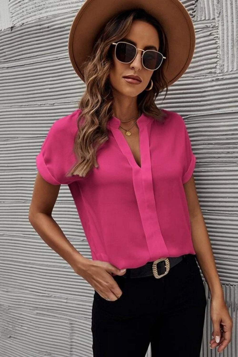 Full Size Notched Short Sleeve Blouse - Trendsi - Flyclothing LLC