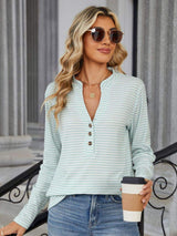 Striped Notched Long Sleeve T-Shirt - Trendsi - Flyclothing LLC