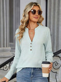 Striped Notched Long Sleeve T-Shirt - Trendsi - Flyclothing LLC