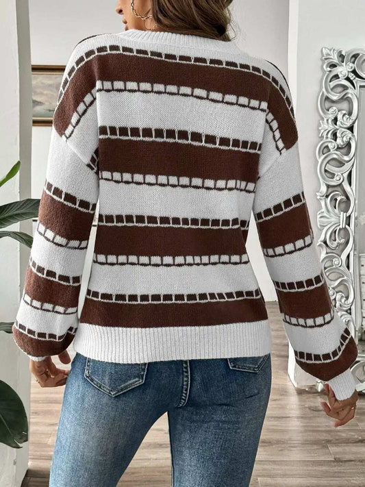 Striped Round Neck Long Sleeve Sweater - Trendsi - Flyclothing LLC