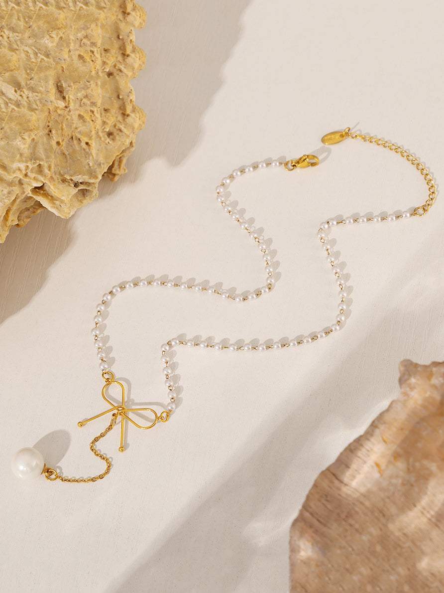 Stainless Steel Bow Pendant Necklace with Pearls - Trendsi - Flyclothing LLC