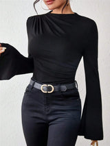 Bell Sleeve Ruched Fitted T-Shirt with Mock Neck - Trendsi - Flyclothing LLC