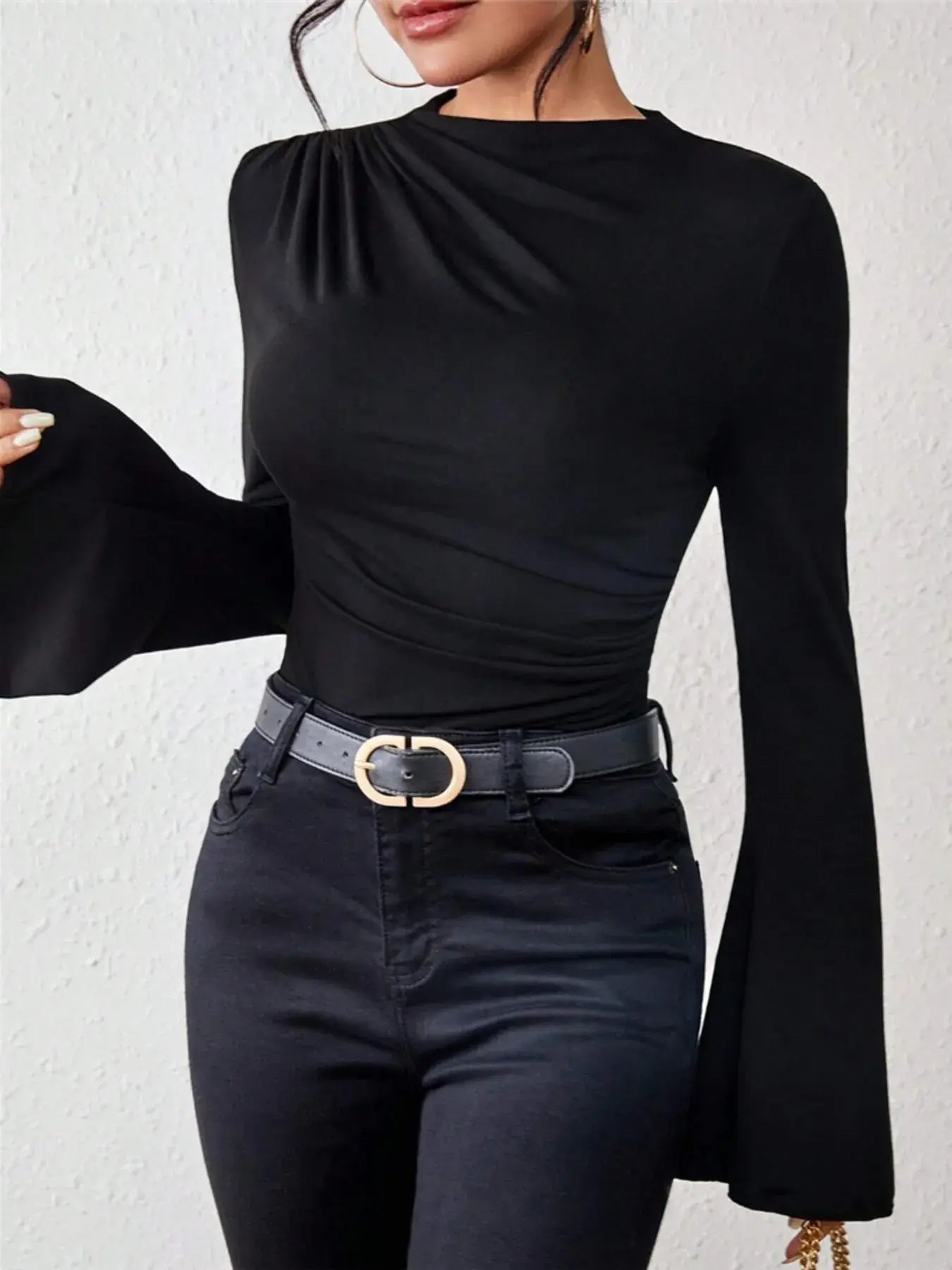 Bell Sleeve Ruched Fitted T-Shirt with Mock Neck - Trendsi - Flyclothing LLC