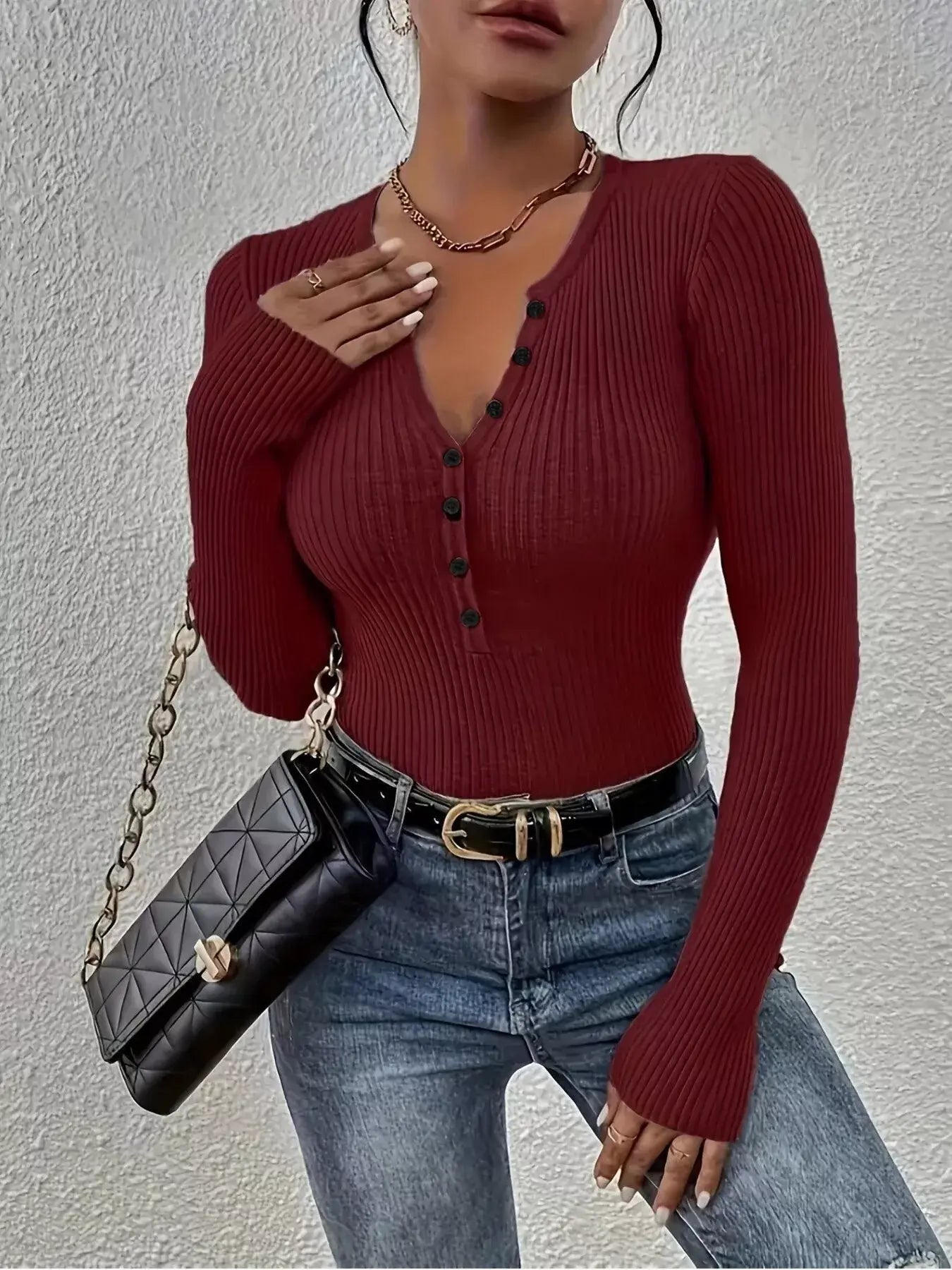 Ribbed Knit Button Front Knit Top - Trendsi - Flyclothing LLC