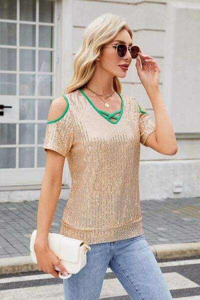 Sequin Crisscross V-Neck Cold Shoulder Blouse - Trendsi - Flyclothing LLC