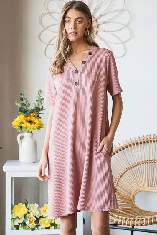 Heimish Full Size Solid Ribbed Mini Dress with Button Plus Size - Trendsi - Flyclothing LLC