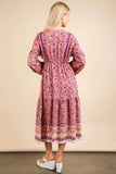 VERY J Floral Printed Boho V-Neck Balloon Sleeve Dress - Trendsi