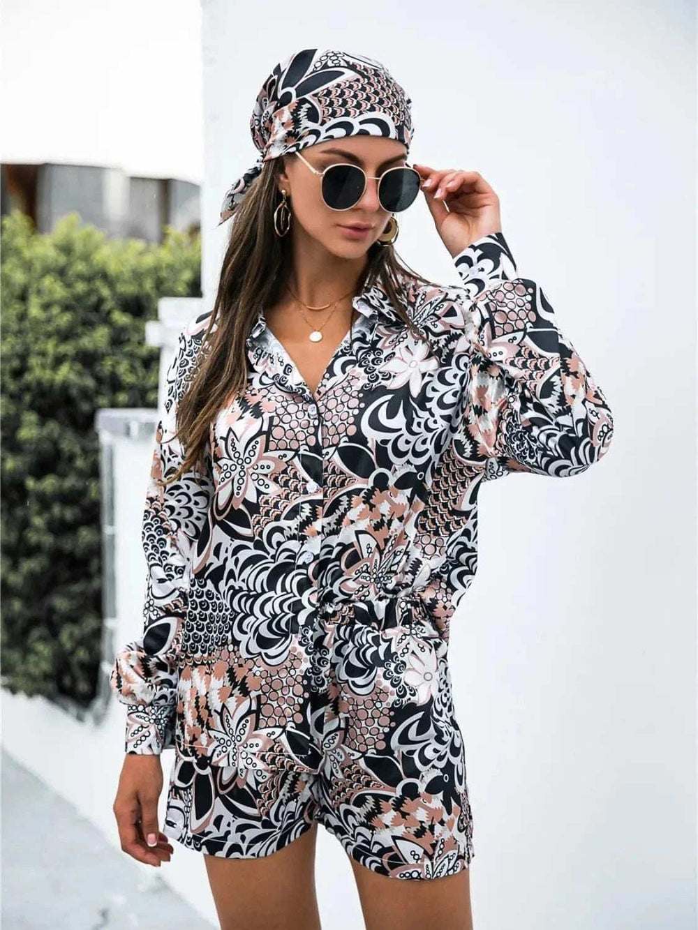 Printed Button Up Long Sleeve Shirt and Shorts Set - Trendsi - Flyclothing LLC