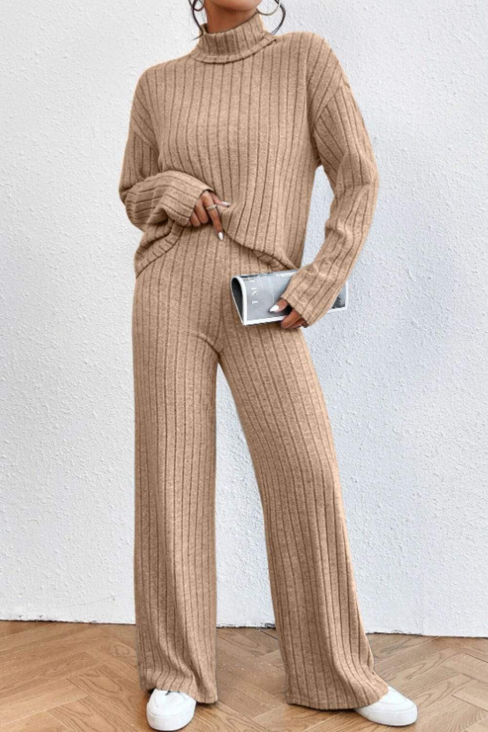 Mock Neck Dropped Shoulder Top and Pants Set - Trendsi - Flyclothing LLC