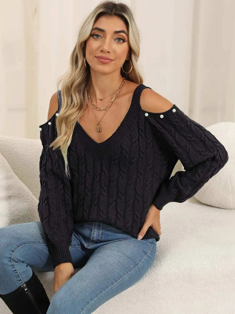 Cable-Knit Cold Shoulder Sweater - Trendsi - Flyclothing LLC