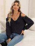 Cable-Knit Cold Shoulder Sweater - Trendsi - Flyclothing LLC