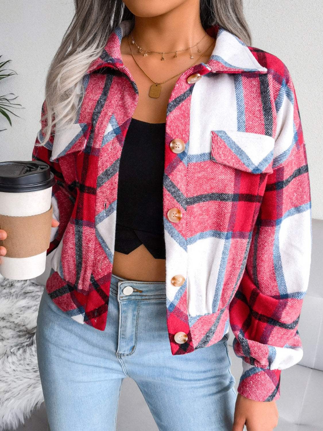 Plaid Collared Neck Long Sleeve Jacket - Trendsi - Flyclothing LLC