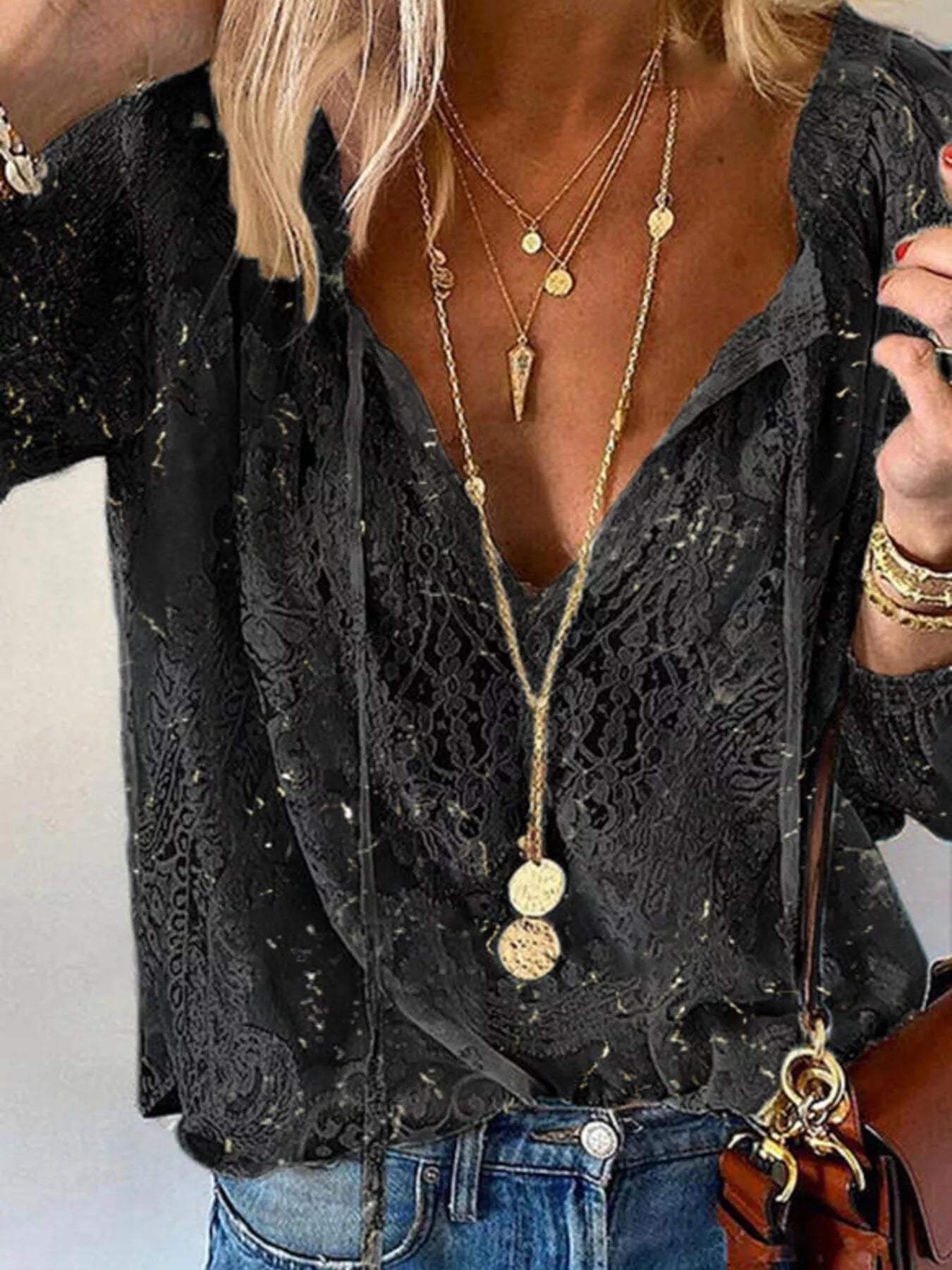 Lace Tie-Neck Blouse - Trendsi - Flyclothing LLC