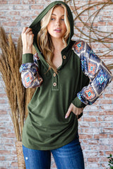 Heimish Full Size Half Button Printed Long Sleeve Hooded Top - Trendsi - Flyclothing LLC