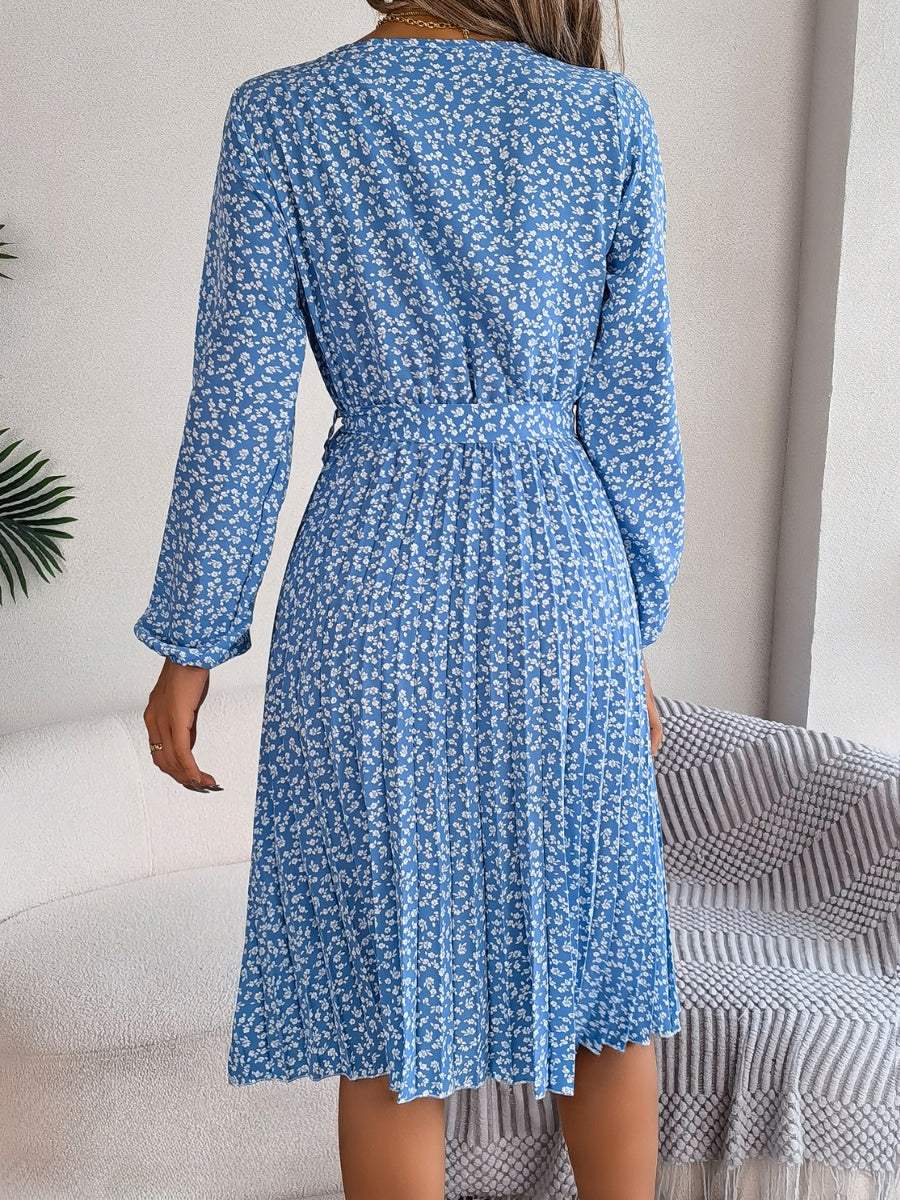 Ditsy Floral Tie Waist Pleated Dress - Trendsi - Flyclothing LLC