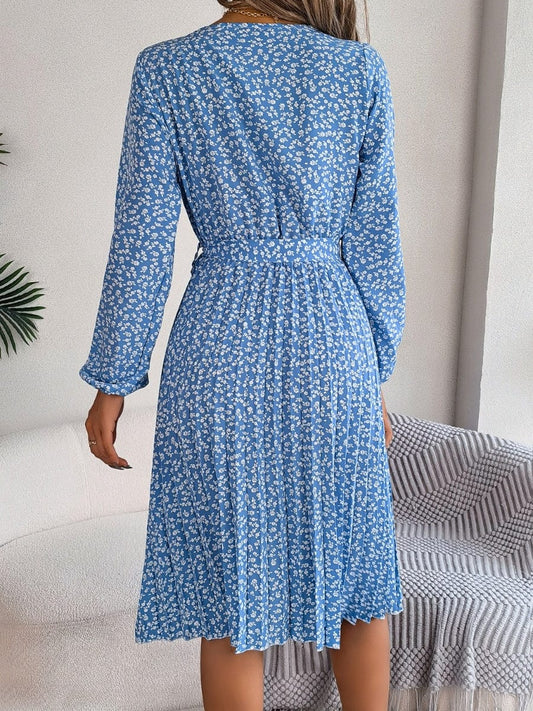 Ditsy Floral Tie Waist Pleated Dress - Trendsi