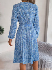 Ditsy Floral Tie Waist Pleated Dress - Trendsi